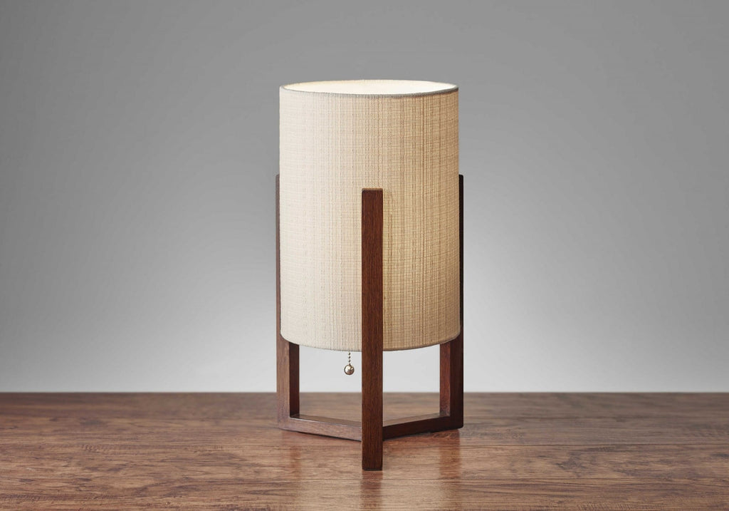 17" Brown Solid Wood Table Lamp – Natural Linen Cylinder Shade | ESVILA