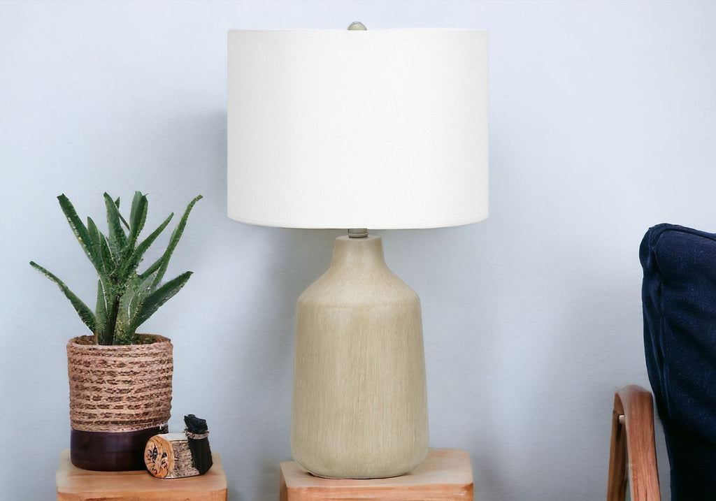 24" Beige Concrete Urn Table Lamp – Ivory Fabric Drum Shade | ESVILA