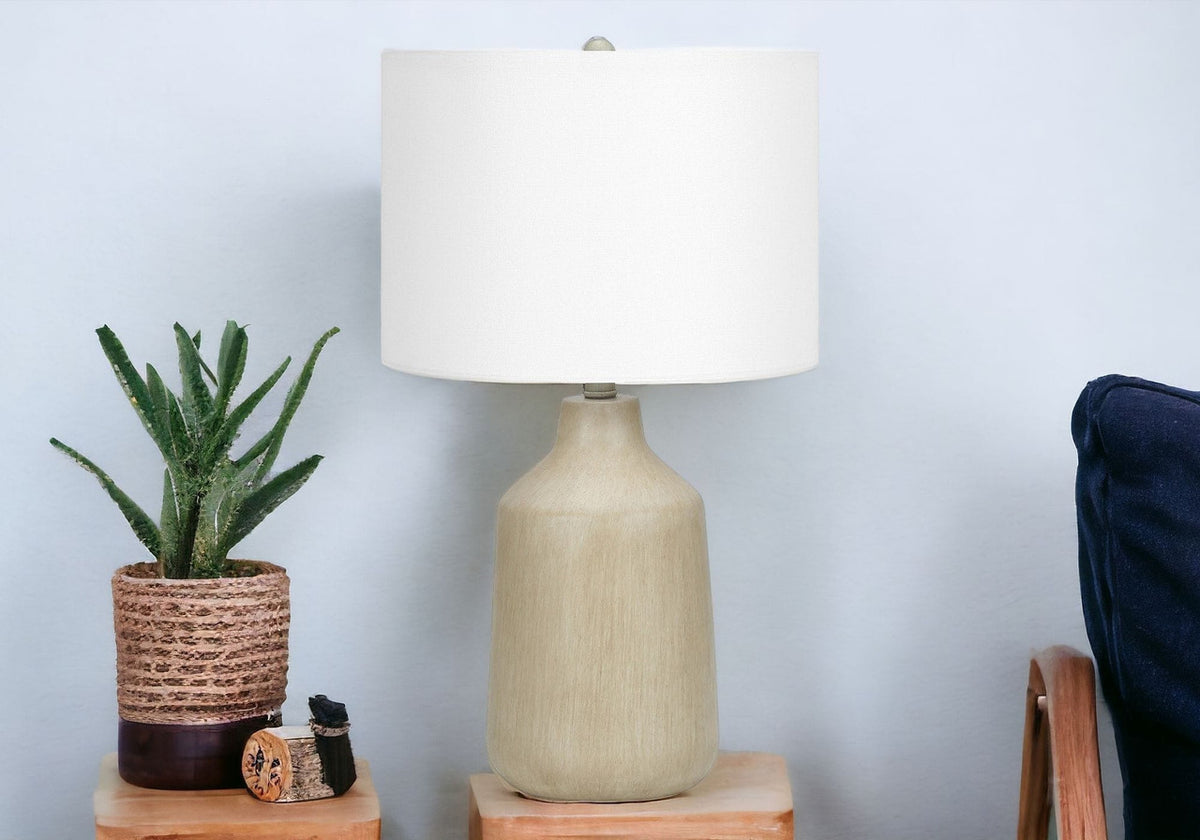24" Beige Concrete Urn Table Lamp – Ivory Fabric Drum Shade | ESVILA