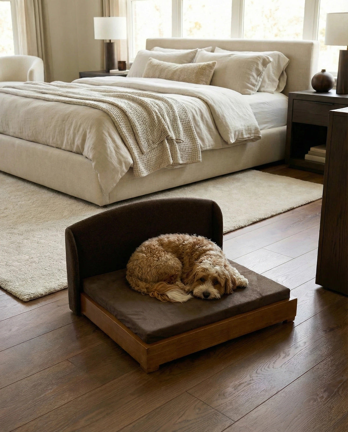 Luxury dog bed with solid hardwood frame and orthopedic memory foam