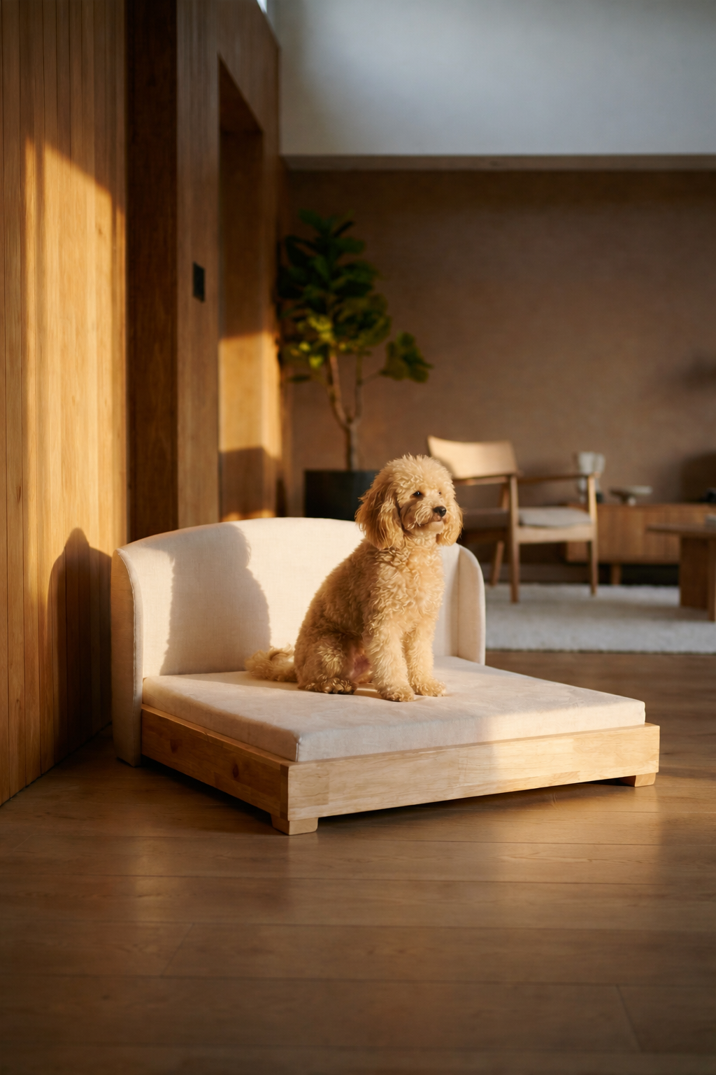 Luxury dog bed with solid hardwood frame and orthopedic memory foam