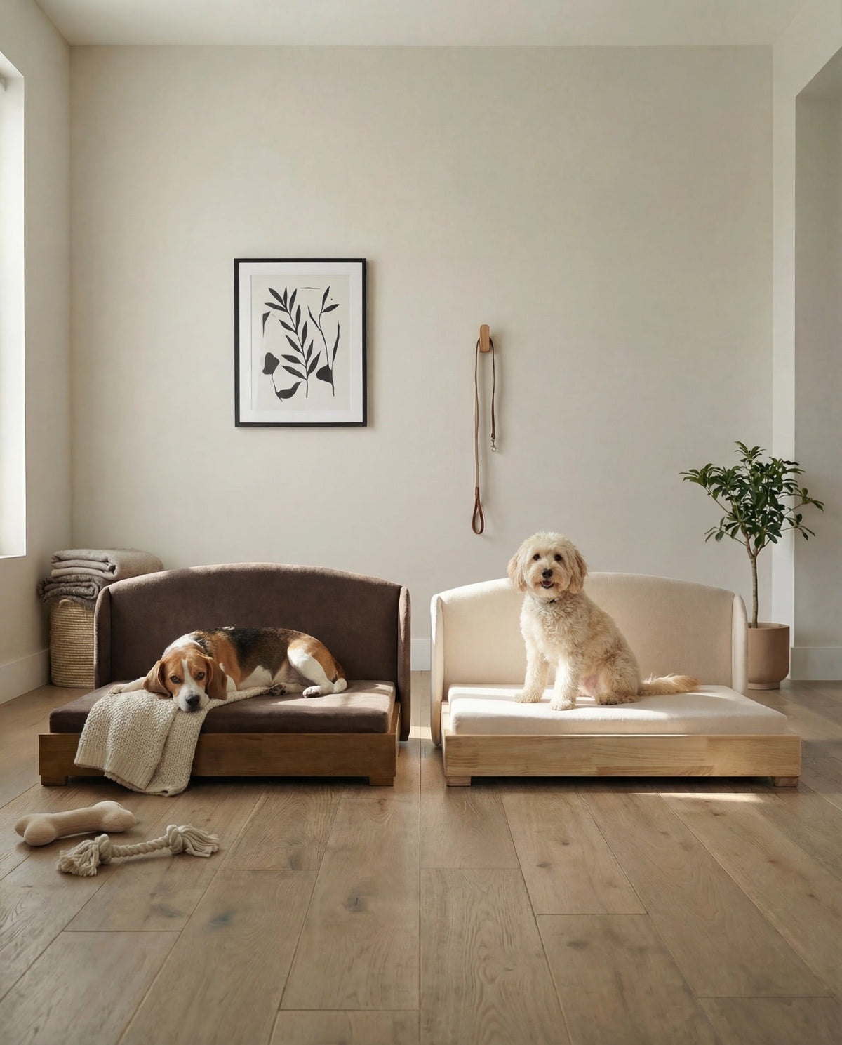 Luxury dog bed with solid hardwood frame and orthopedic memory foam