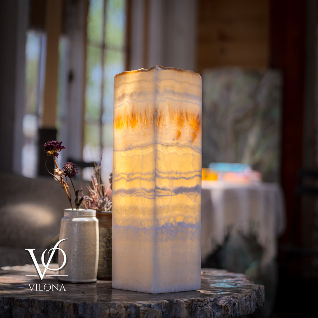 Golden Cloud Onyx Square Table Lamp – 20"x6"x6" Handcrafted Natural Stone | ESVILA
