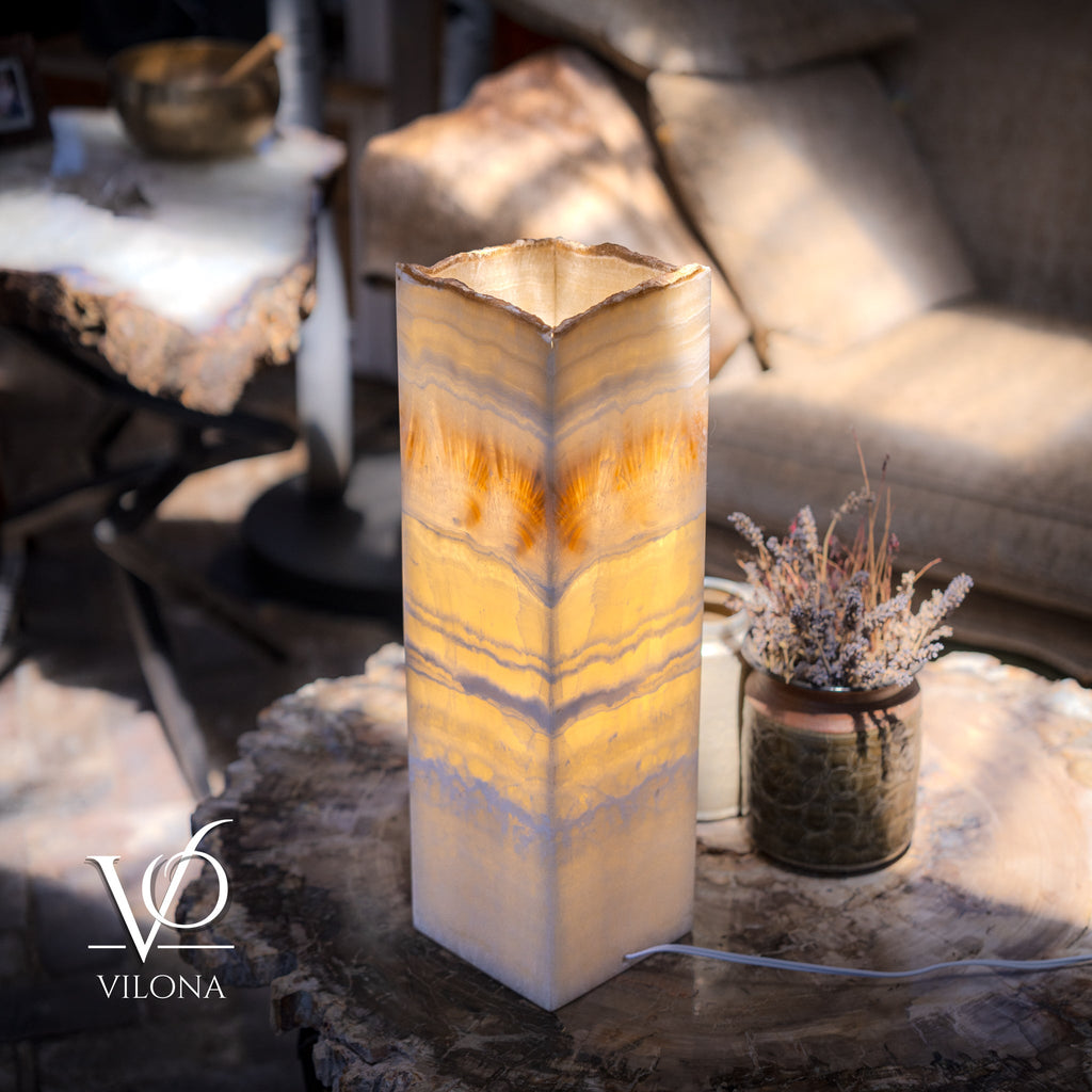 Golden Cloud Onyx Square Table Lamp – 20"x6"x6" Handcrafted Natural Stone | ESVILA