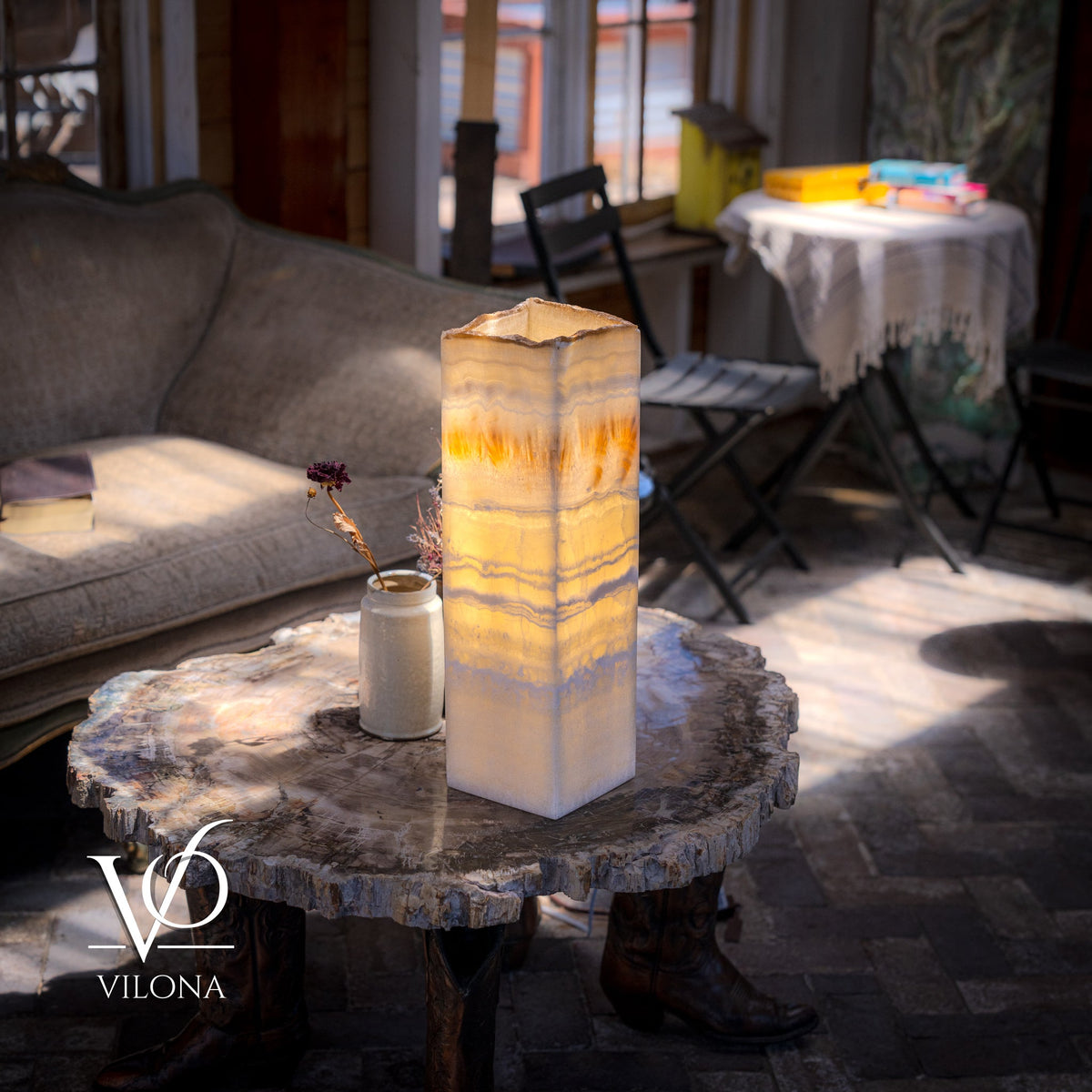 Golden Cloud Onyx Square Table Lamp – 20"x6"x6" Handcrafted Natural Stone | ESVILA
