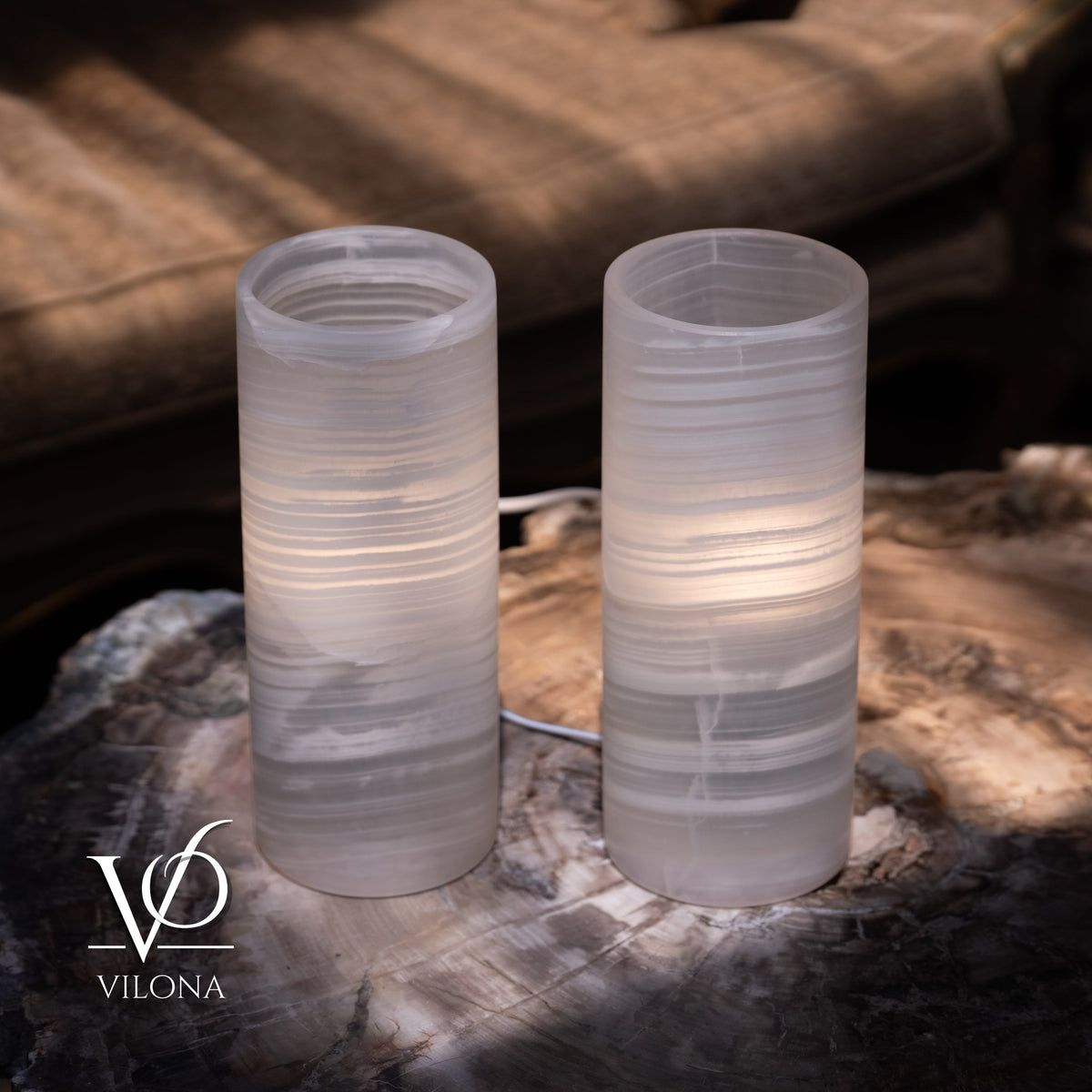 White Ice Onyx Table Lamp Pair – 12"x4.5" Handcrafted Natural Stone | ESVILA