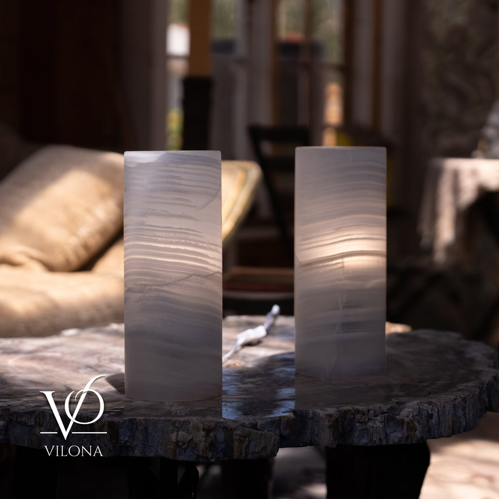 White Ice Onyx Table Lamp Pair – 12"x4.5" Handcrafted Natural Stone | ESVILA
