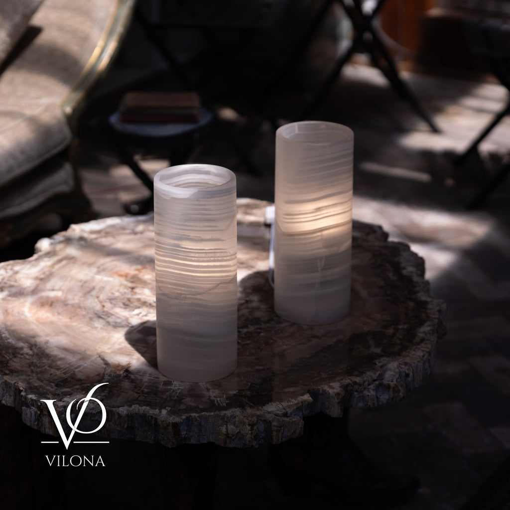 White Ice Onyx Table Lamp Pair – 12"x4.5" Handcrafted Natural Stone | ESVILA