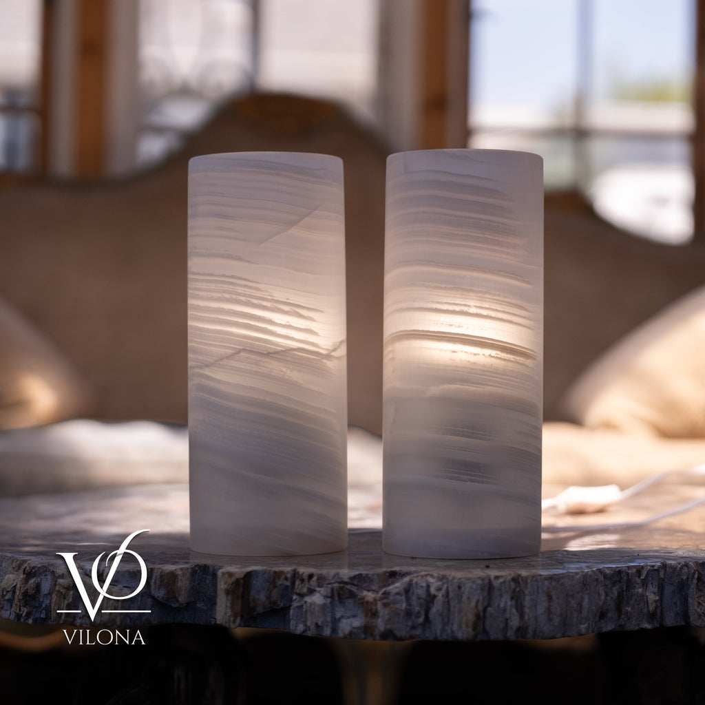 White Ice Onyx Table Lamp Pair – 12"x4.5" Handcrafted Natural Stone | ESVILA