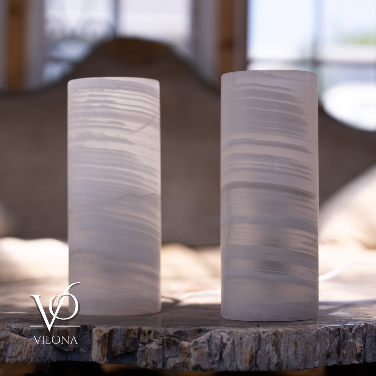 White Ice Onyx Table Lamp Pair – 12"x4.5" Handcrafted Natural Stone | ESVILA