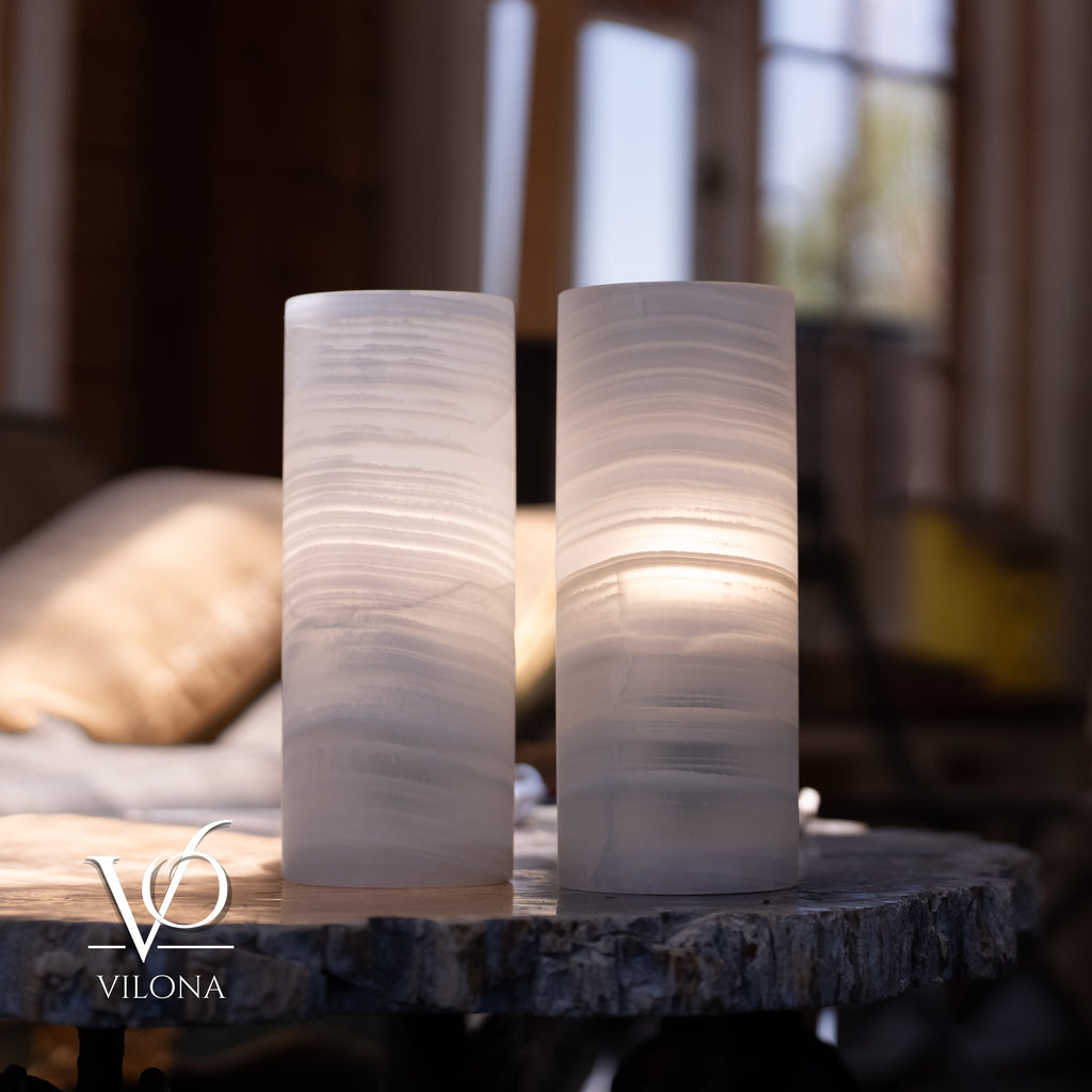 White Ice Onyx Table Lamp Pair – 12"x4.5" Handcrafted Natural Stone | ESVILA