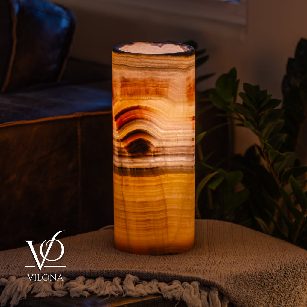 Honeycomb Onyx Table Lamp – 12"x4.5" Single, Handcrafted Natural Stone | ESVILA