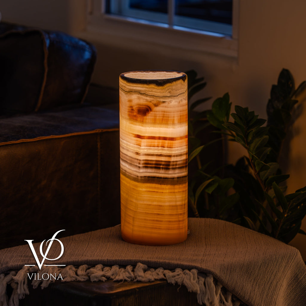 Honeycomb Onyx Table Lamp – 12"x4.5" Single, Handcrafted Natural Stone | ESVILA