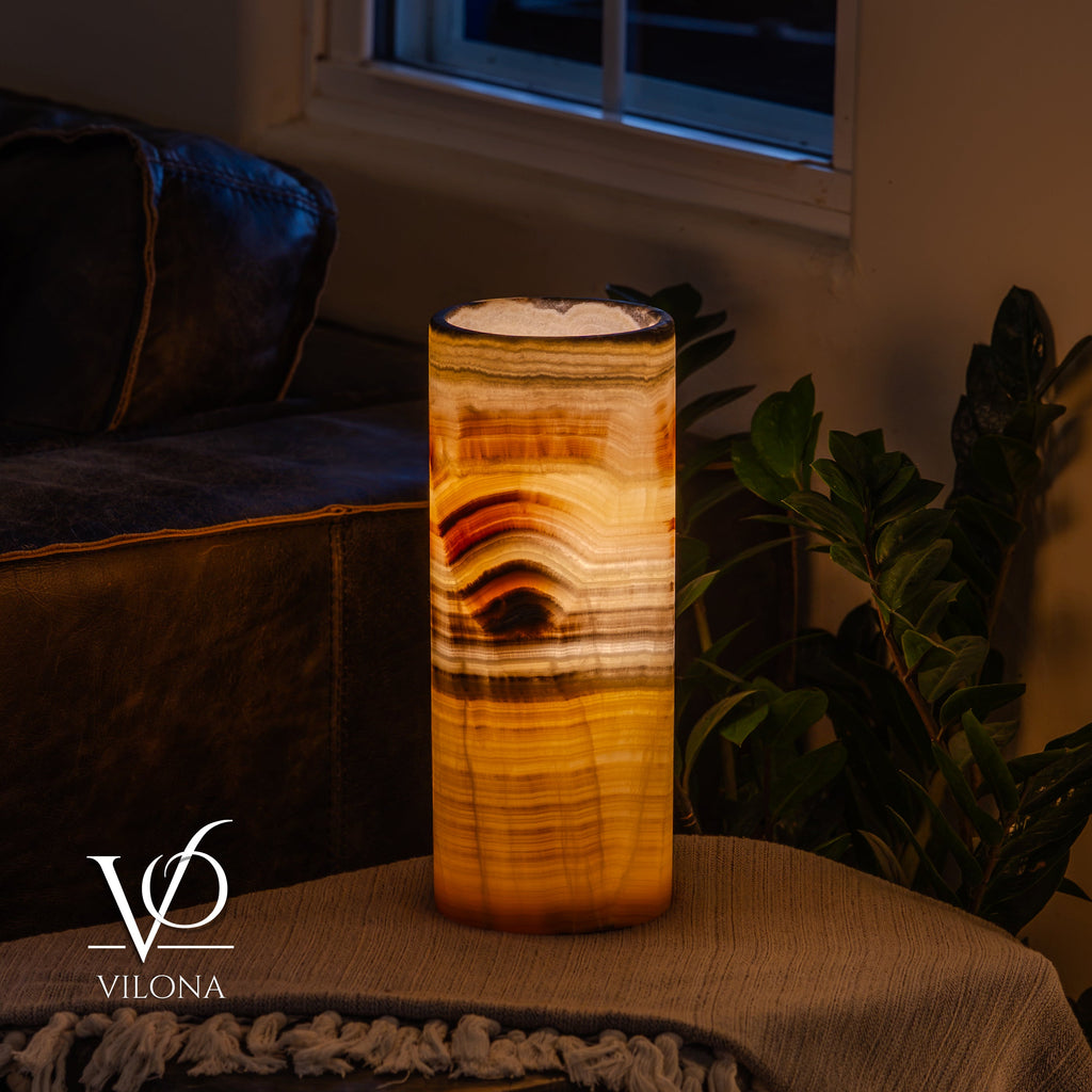Honeycomb Onyx Table Lamp – 12"x4.5" Single, Handcrafted Natural Stone | ESVILA