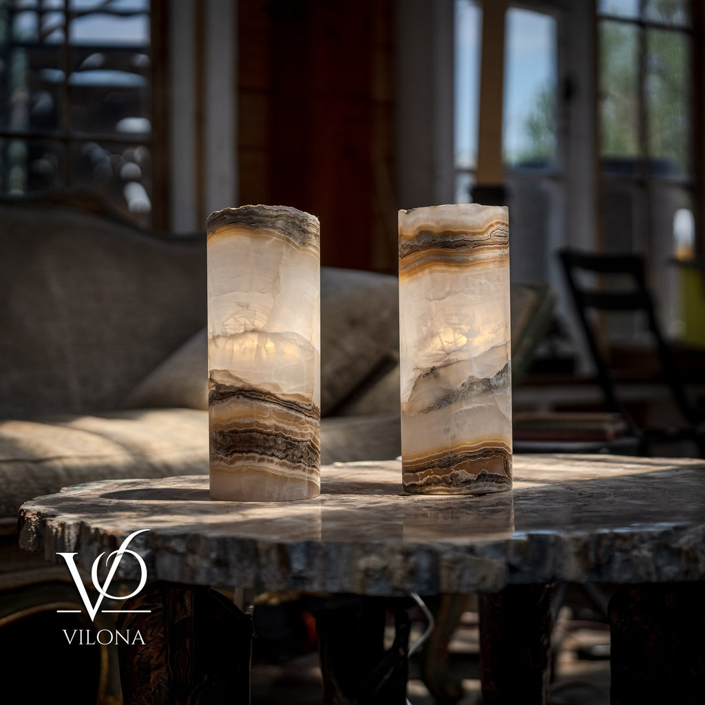 White Ice Onyx Live Edge Table Lamp Pair – 12"x4.5" Handcrafted Natural Stone | ESVILA