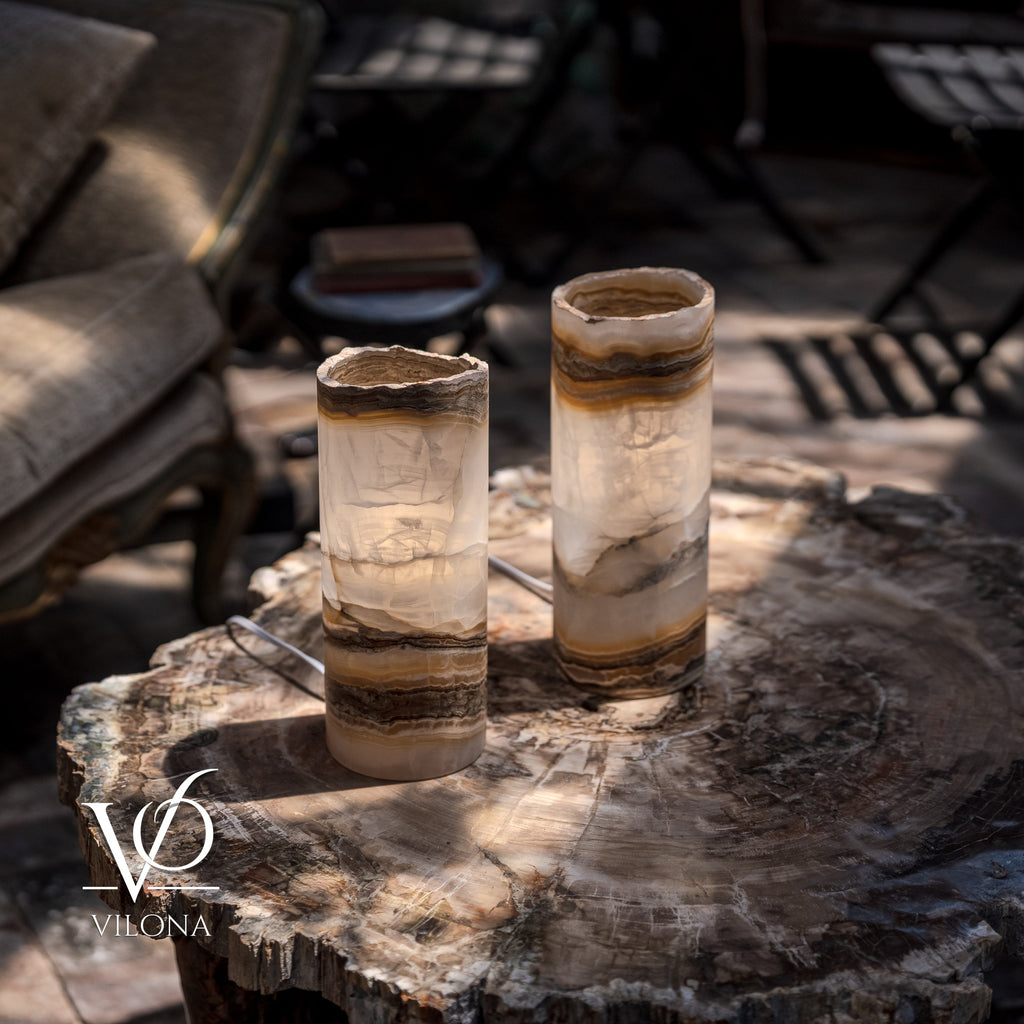 White Ice Onyx Live Edge Table Lamp Pair – 12"x4.5" Handcrafted Natural Stone | ESVILA