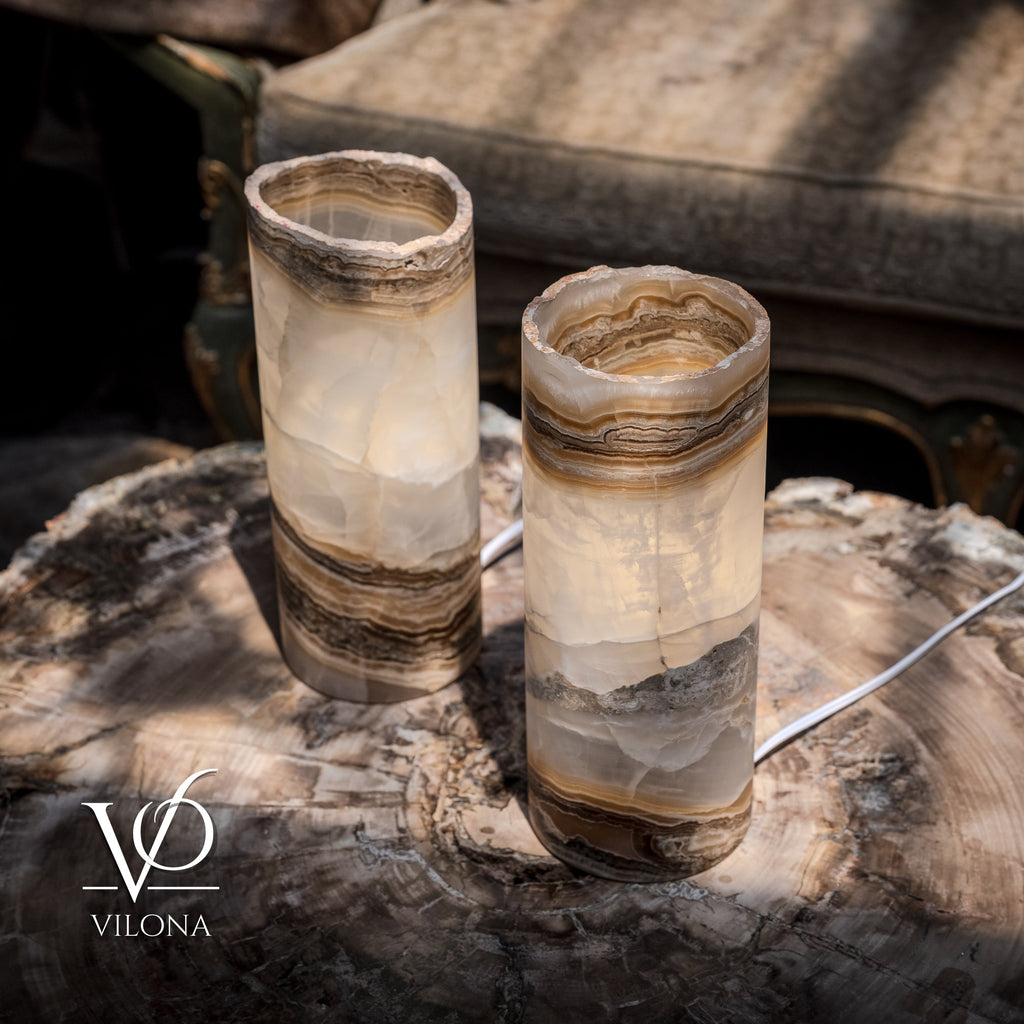 White Ice Onyx Live Edge Table Lamp Pair – 12"x4.5" Handcrafted Natural Stone | ESVILA