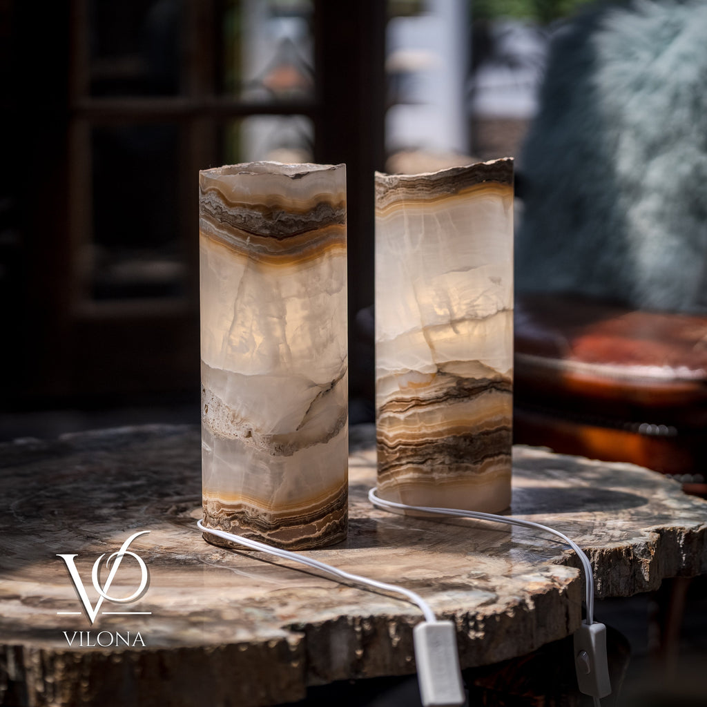 White Ice Onyx Live Edge Table Lamp Pair – 12"x4.5" Handcrafted Natural Stone | ESVILA