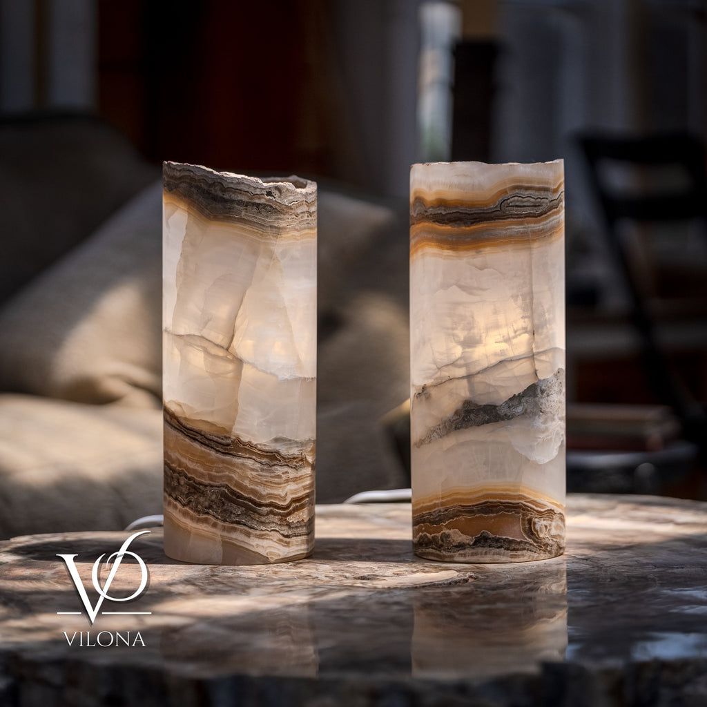 White Ice Onyx Live Edge Table Lamp Pair – 12"x4.5" Handcrafted Natural Stone | ESVILA