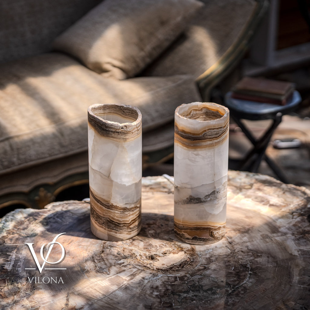 White Ice Onyx Live Edge Table Lamp Pair – 12"x4.5" Handcrafted Natural Stone | ESVILA