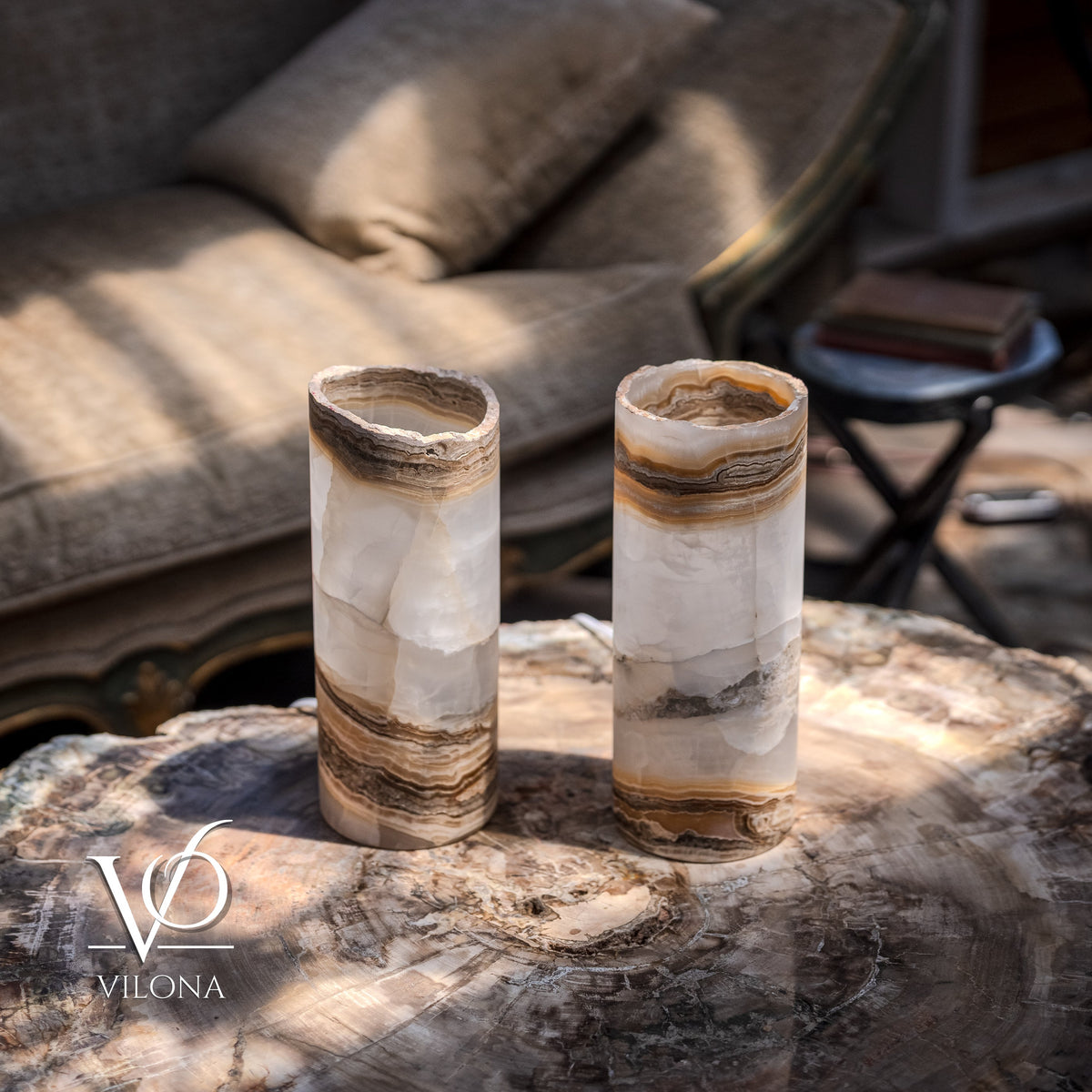 White Ice Onyx Live Edge Table Lamp Pair – 12"x4.5" Handcrafted Natural Stone | ESVILA