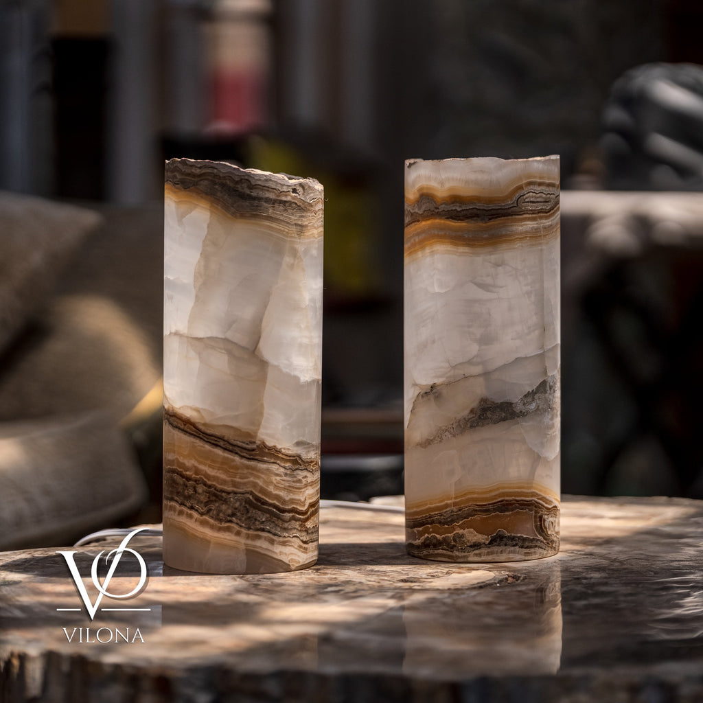 White Ice Onyx Live Edge Table Lamp Pair – 12"x4.5" Handcrafted Natural Stone | ESVILA