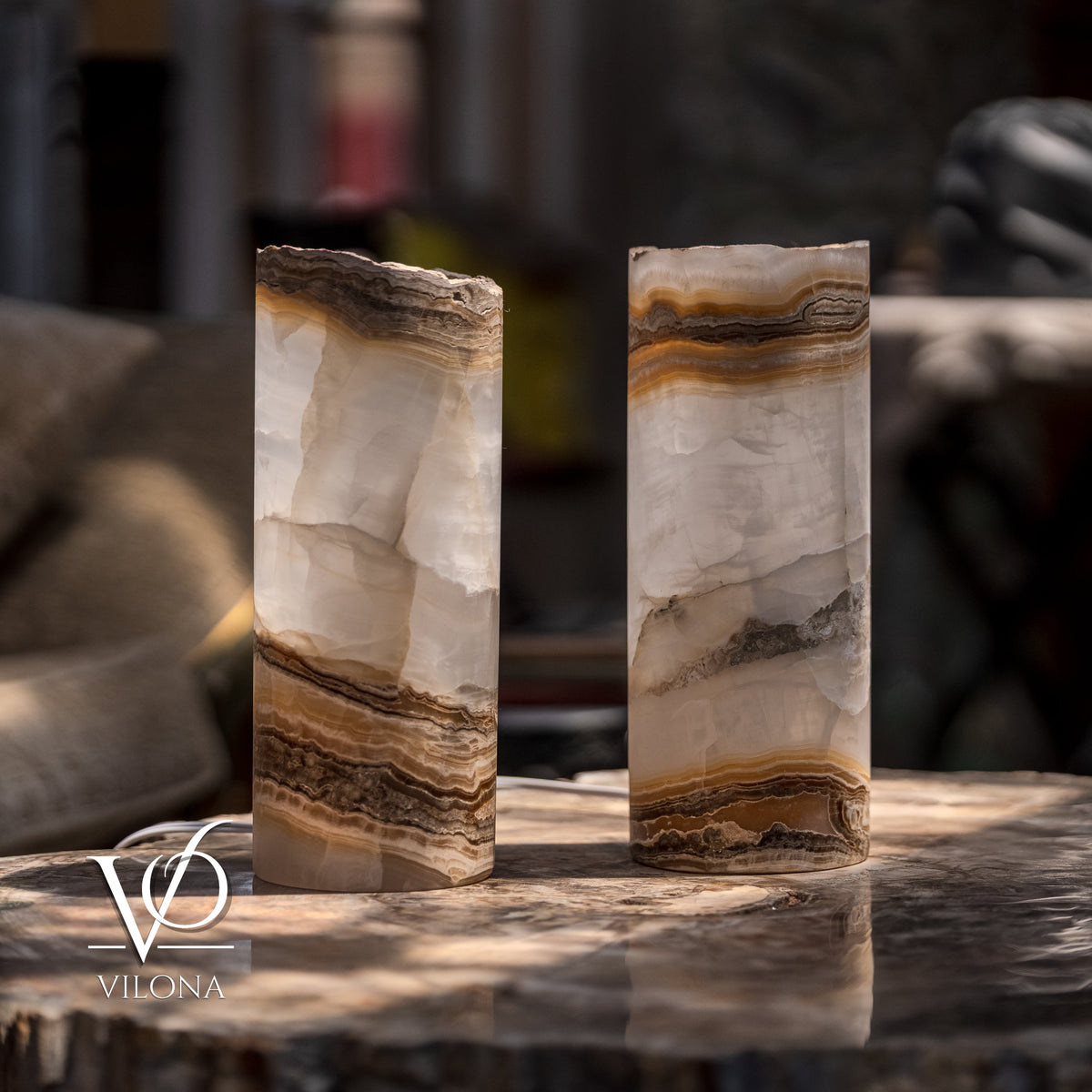 White Ice Onyx Live Edge Table Lamp Pair – 12"x4.5" Handcrafted Natural Stone | ESVILA