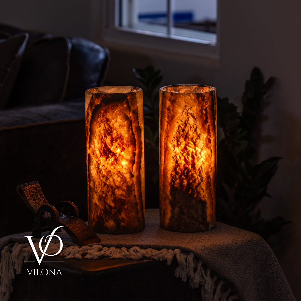 Tangerine Onyx Table Lamp Pair – 12"x4.5" Handcrafted Natural Stone | ESVILA