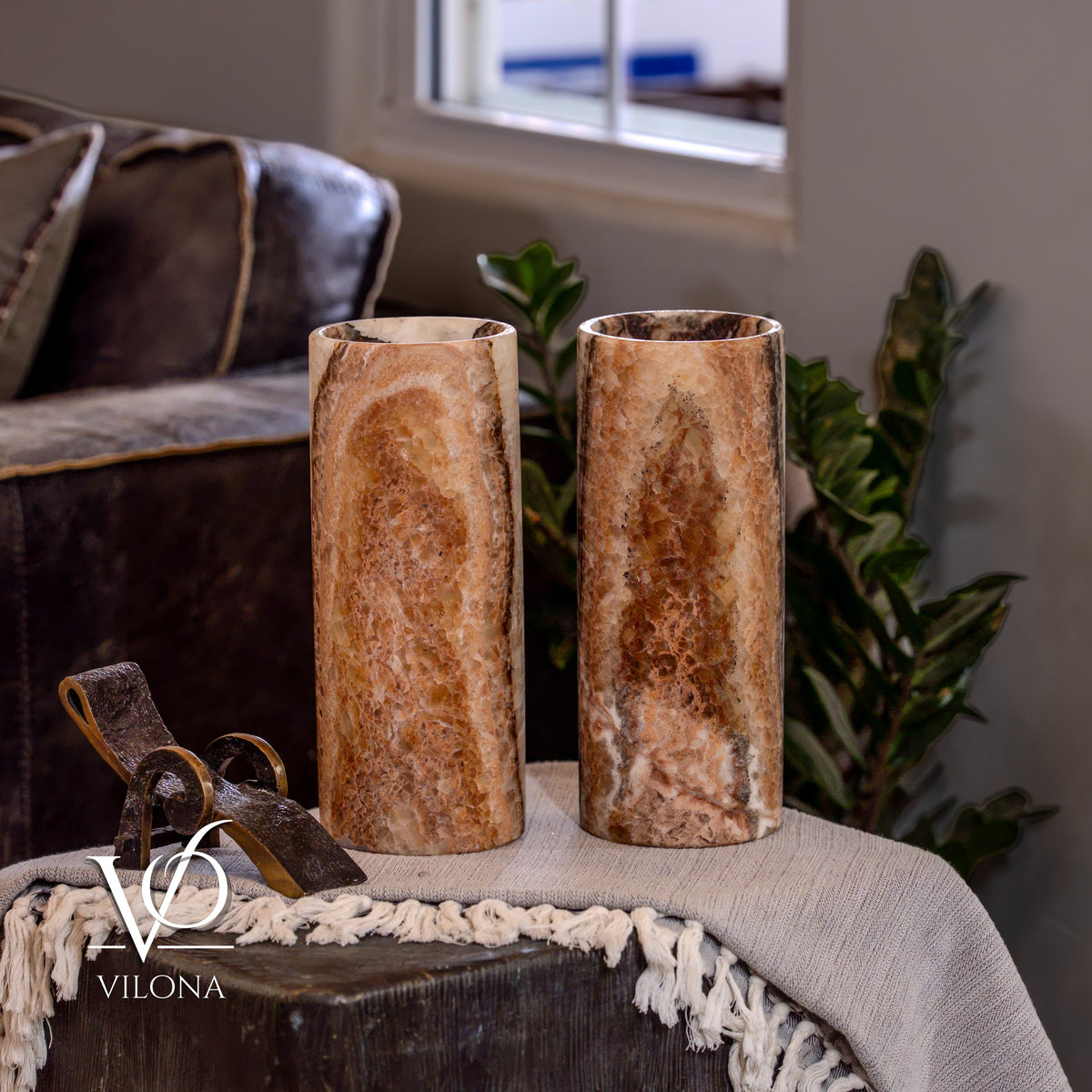 Tangerine Onyx Table Lamp Pair – 12"x4.5" Handcrafted Natural Stone | ESVILA