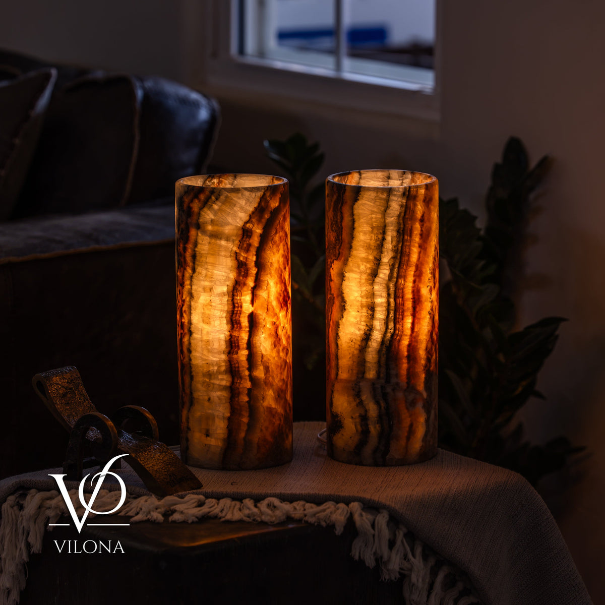 Tangerine Onyx Table Lamp Pair – 12"x4.5" Handcrafted Natural Stone | ESVILA