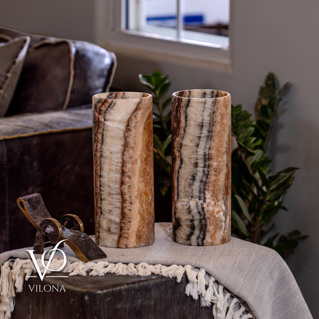 Tangerine Onyx Table Lamp Pair – 12"x4.5" Handcrafted Natural Stone | ESVILA
