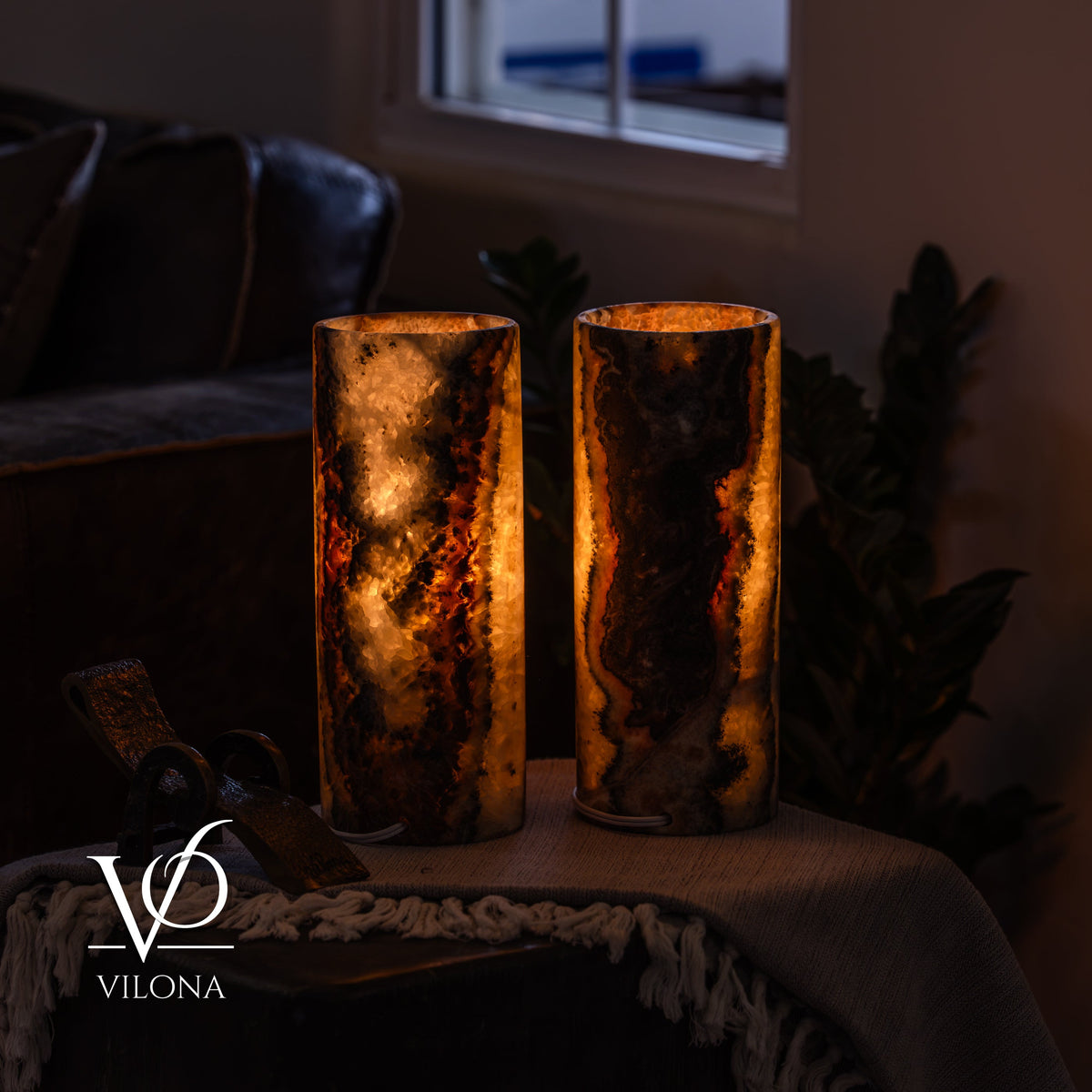 Tangerine Onyx Table Lamp Pair – 12"x4.5" Handcrafted Natural Stone | ESVILA