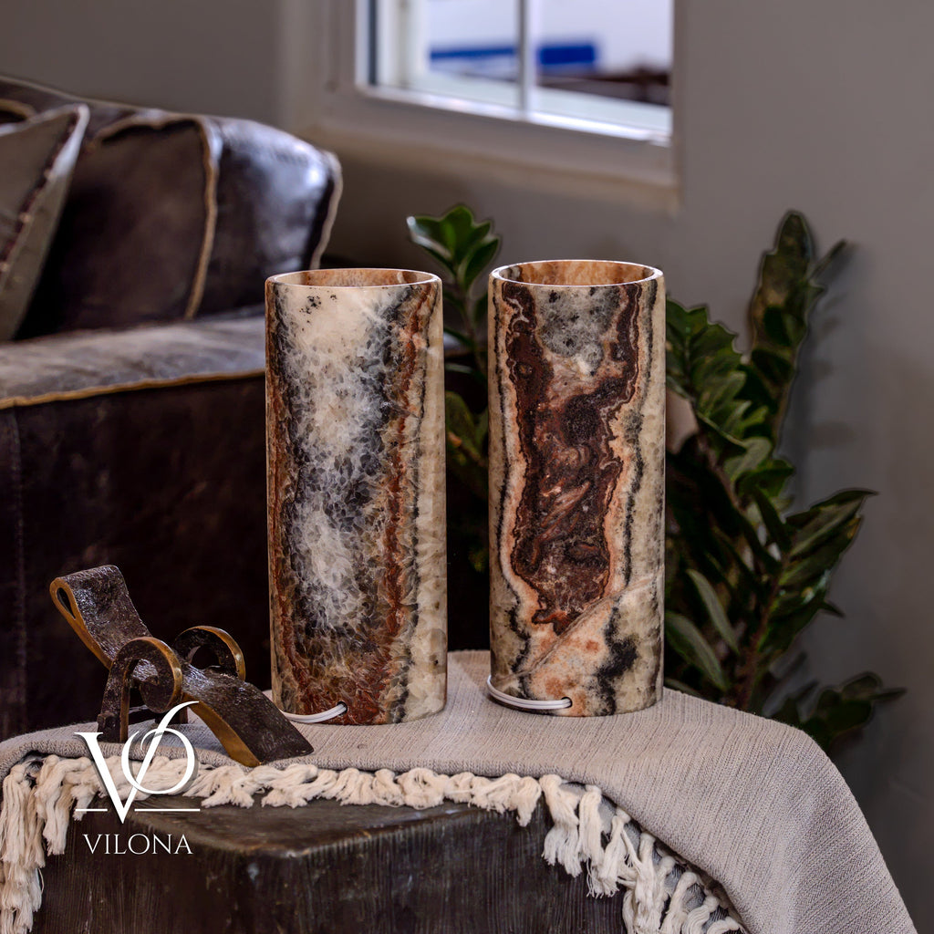 Tangerine Onyx Table Lamp Pair – 12"x4.5" Handcrafted Natural Stone | ESVILA