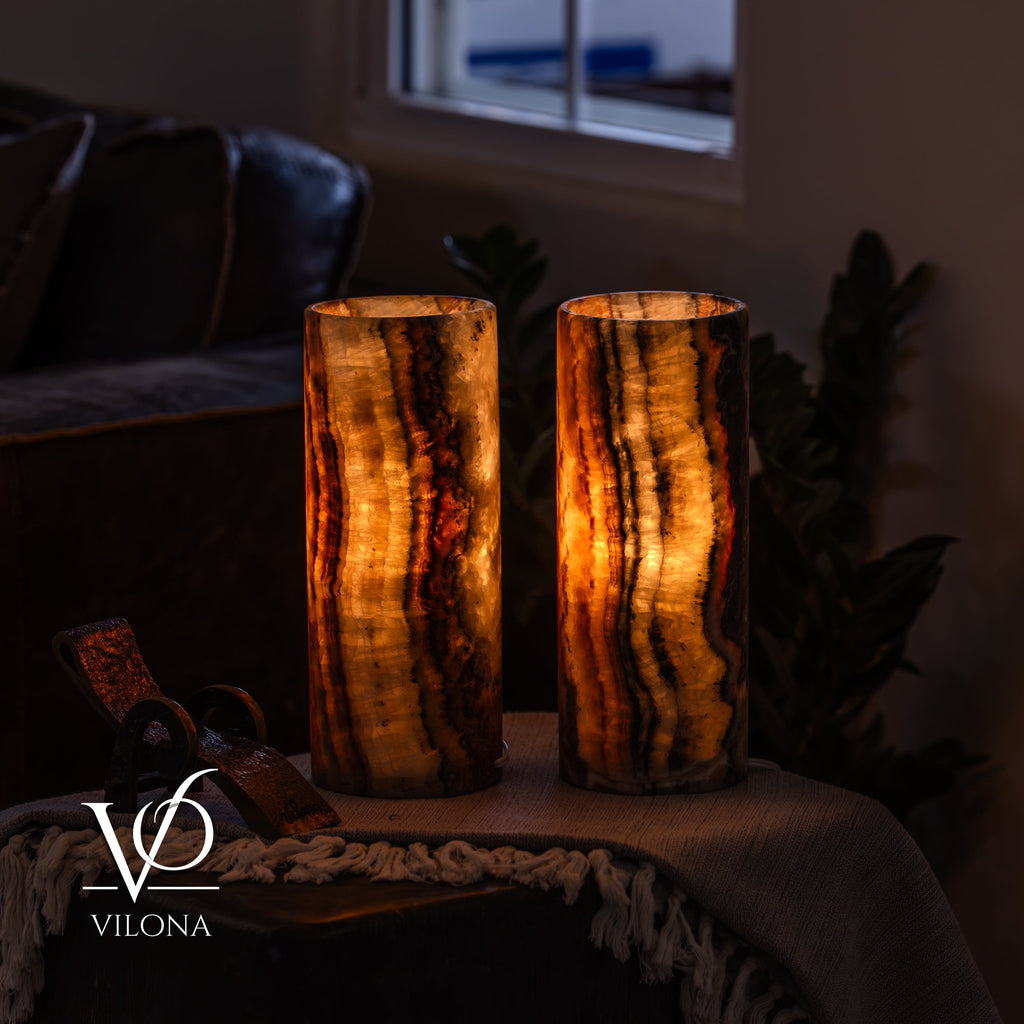 Tangerine Onyx Table Lamp Pair – 12"x4.5" Handcrafted Natural Stone | ESVILA