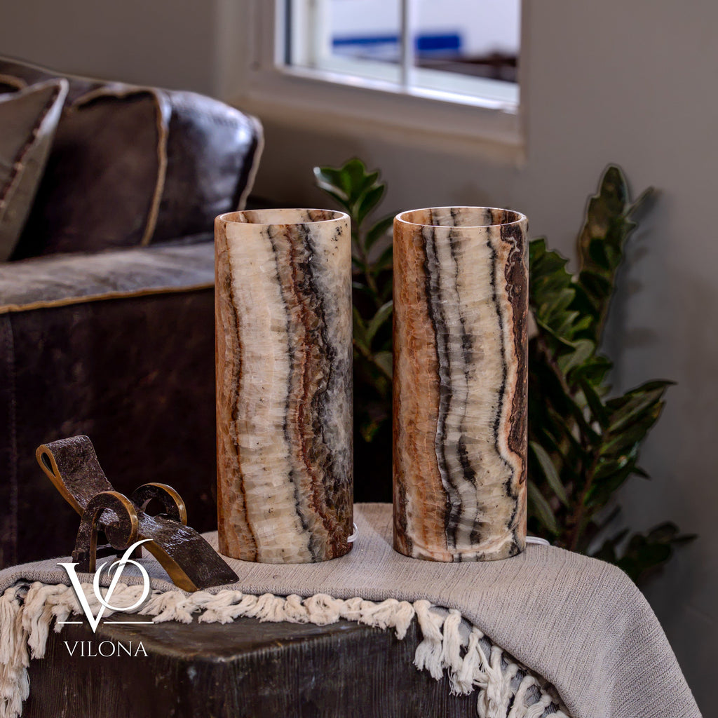 Tangerine Onyx Table Lamp Pair – 12"x4.5" Handcrafted Natural Stone | ESVILA