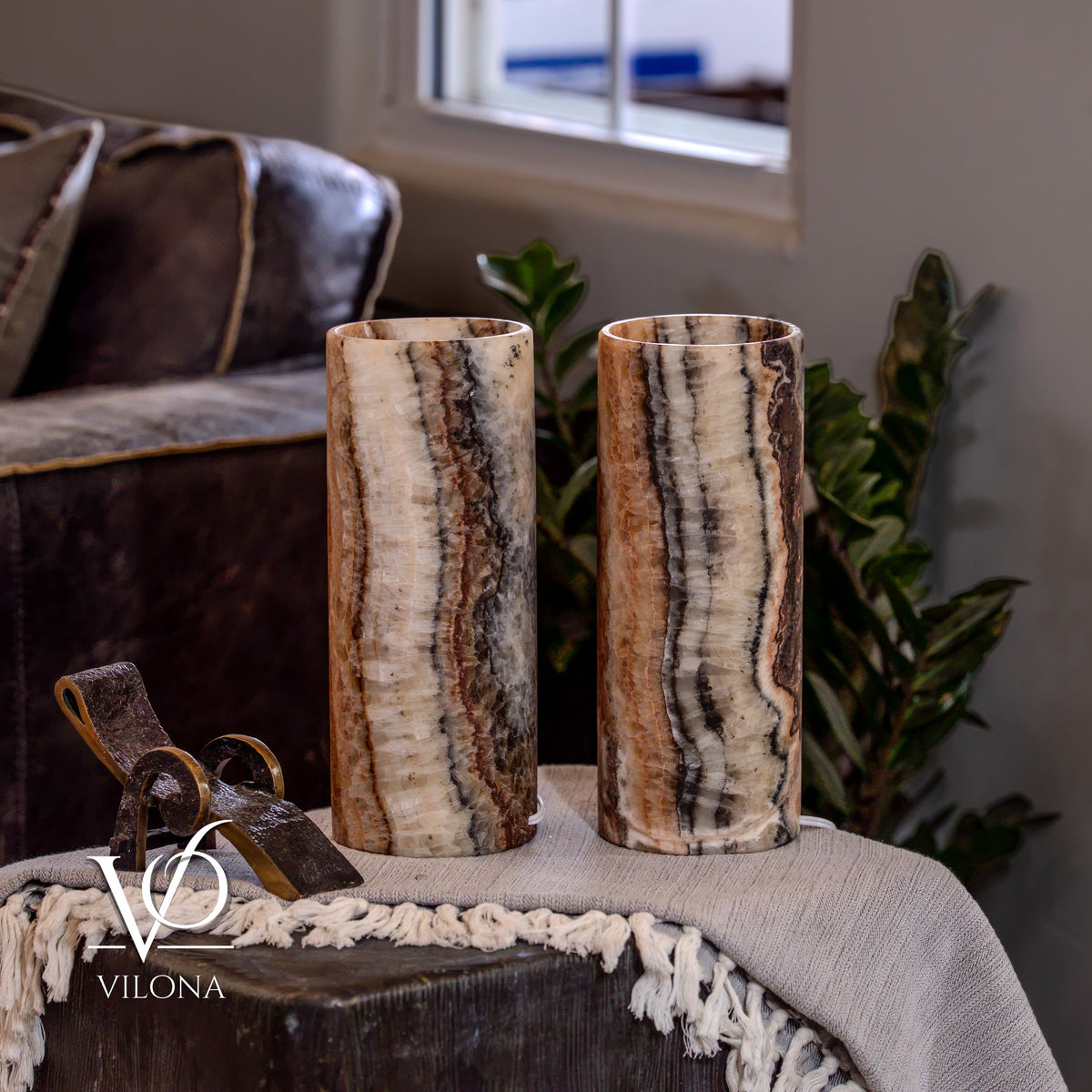 Tangerine Onyx Table Lamp Pair – 12"x4.5" Handcrafted Natural Stone | ESVILA