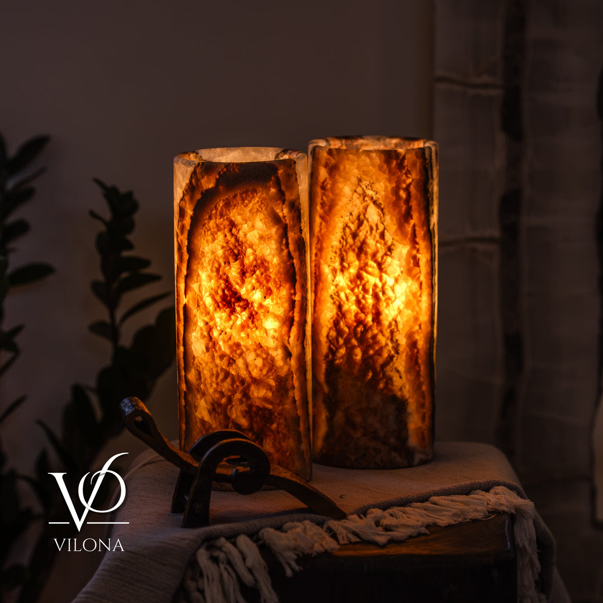 Tangerine Onyx Table Lamp Pair – 12"x4.5" Handcrafted Natural Stone | ESVILA