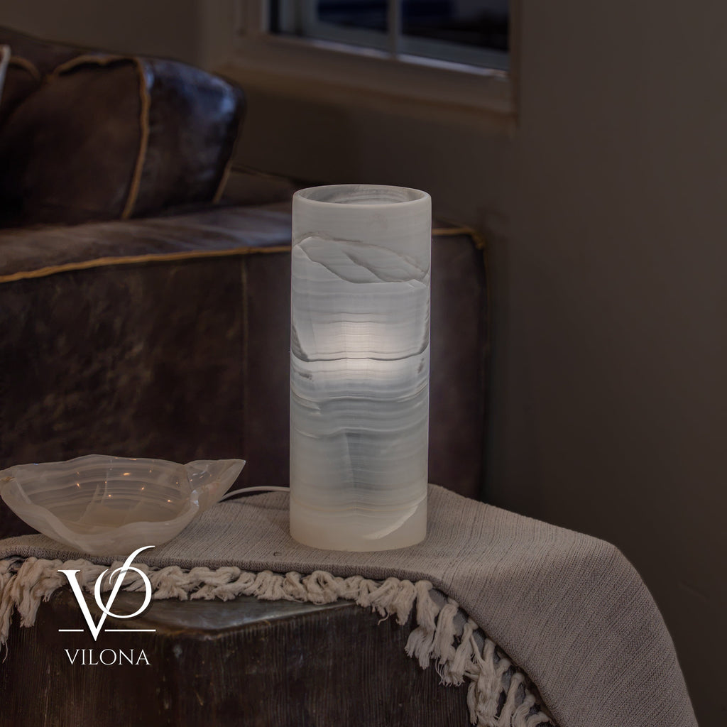 White Ice Onyx Table Lamp – 12"x4.5" Single, Handcrafted Natural Stone | ESVILA