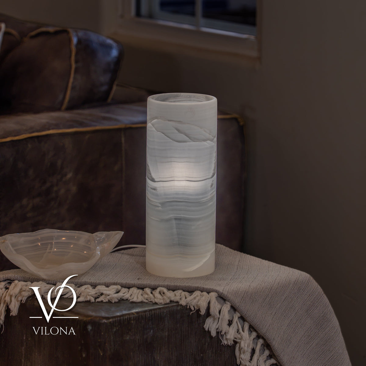 White Ice Onyx Table Lamp – 12"x4.5" Single, Handcrafted Natural Stone | ESVILA