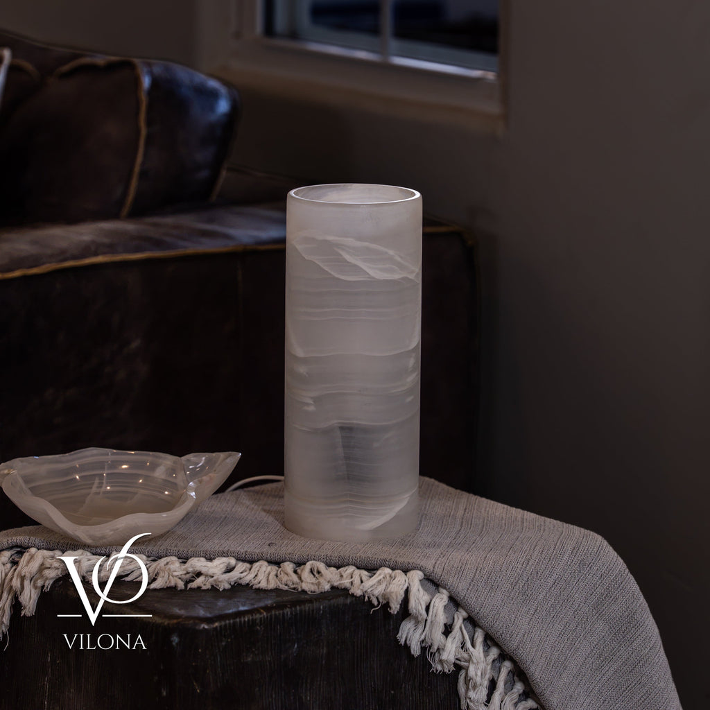 White Ice Onyx Table Lamp – 12"x4.5" Single, Handcrafted Natural Stone | ESVILA