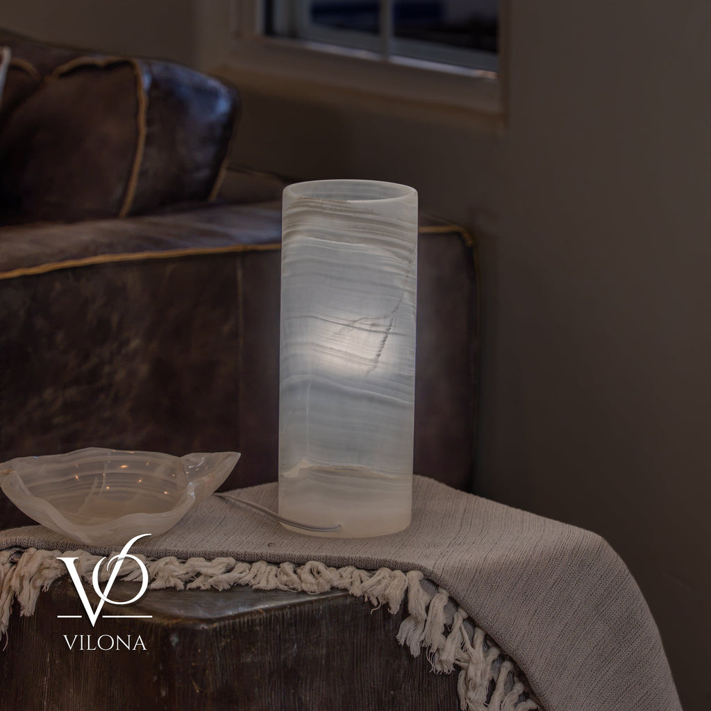 White Ice Onyx Table Lamp – 12"x4.5" Single, Handcrafted Natural Stone | ESVILA