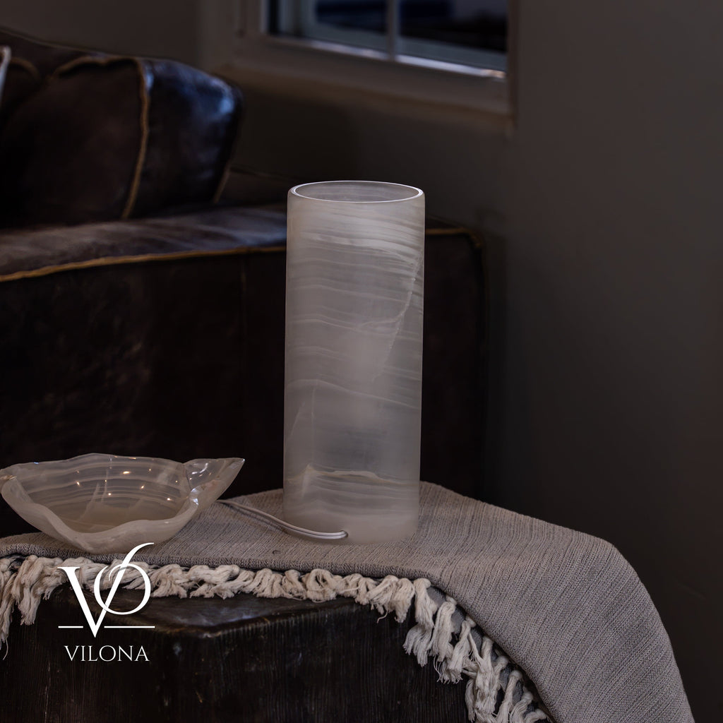 White Ice Onyx Table Lamp – 12"x4.5" Single, Handcrafted Natural Stone | ESVILA
