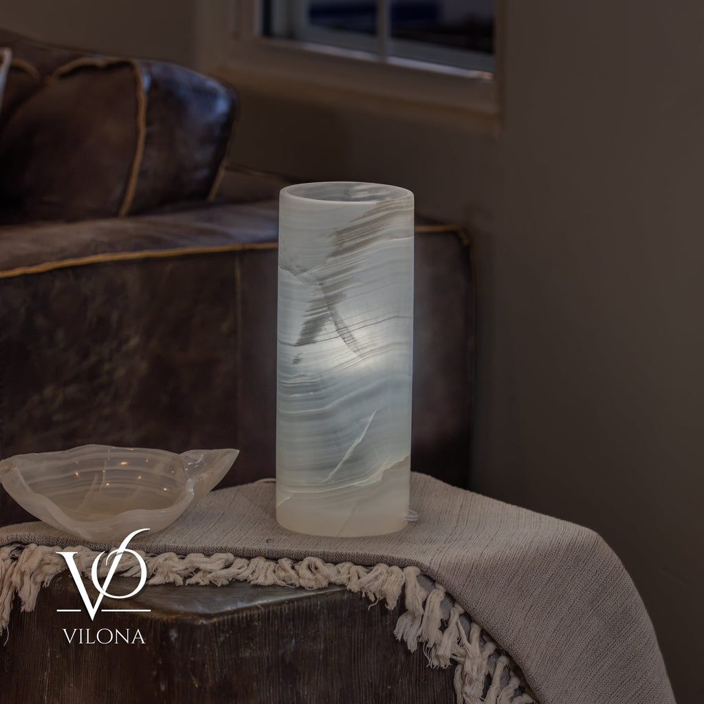 White Ice Onyx Table Lamp – 12"x4.5" Single, Handcrafted Natural Stone | ESVILA