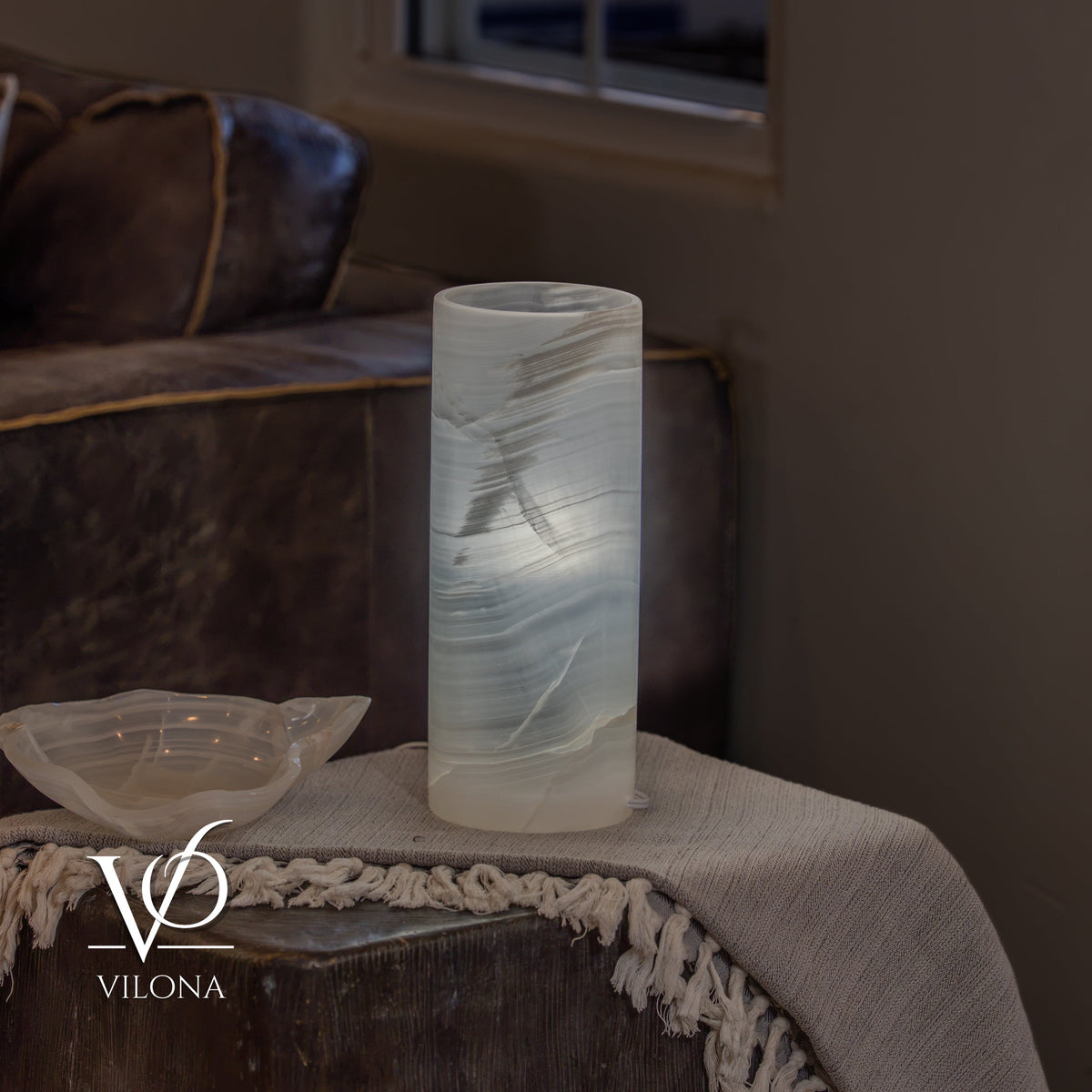 White Ice Onyx Table Lamp – 12"x4.5" Single, Handcrafted Natural Stone | ESVILA