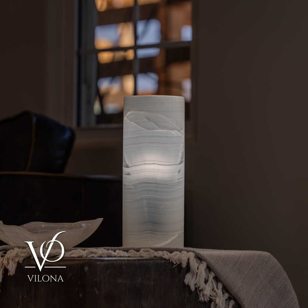 White Ice Onyx Table Lamp – 12"x4.5" Single, Handcrafted Natural Stone | ESVILA