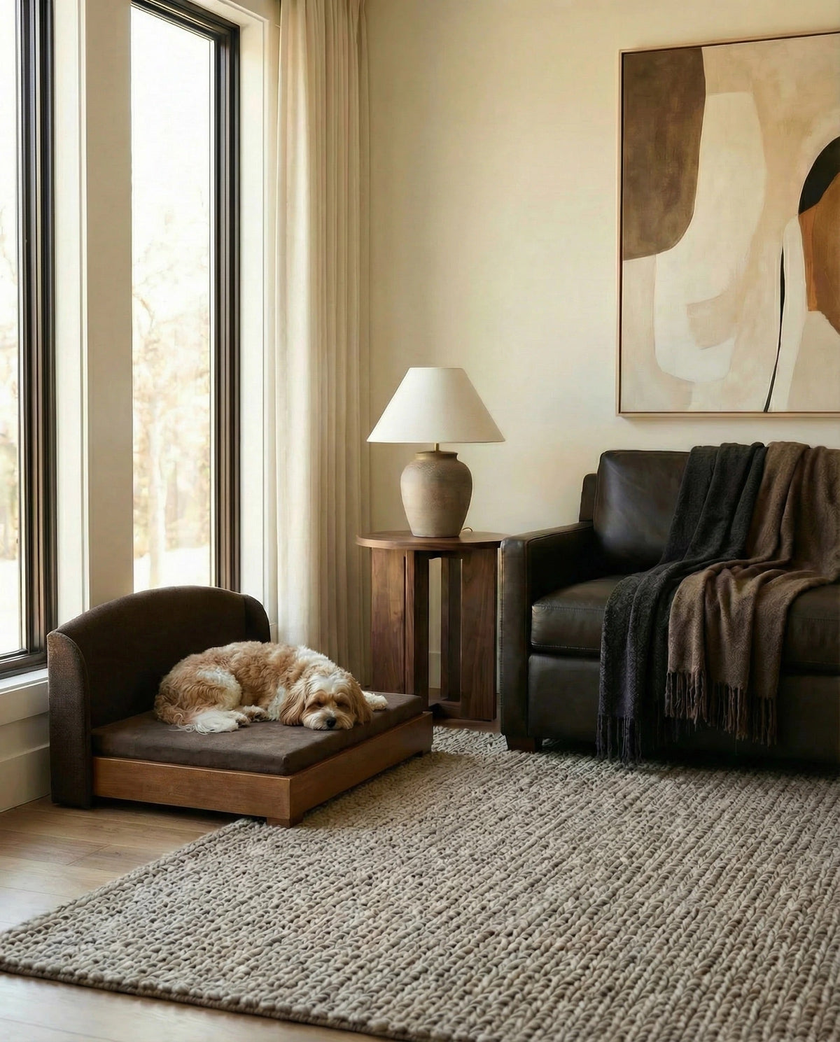 Luxury dog bed with solid hardwood frame and orthopedic memory foam