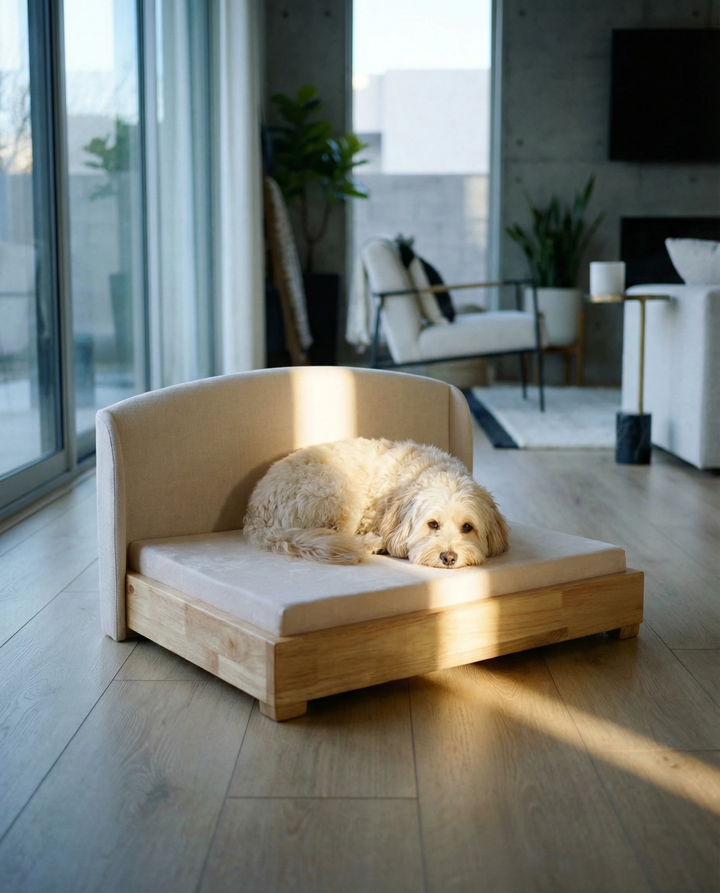 Luxury dog bed with solid hardwood frame and orthopedic memory foam