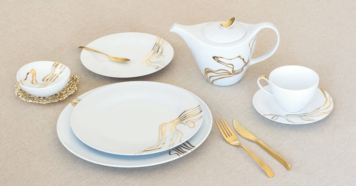 Fiume D'Oro Place Setting, 5-Piece Service for 4 | French Porcelain, Made in Portugal