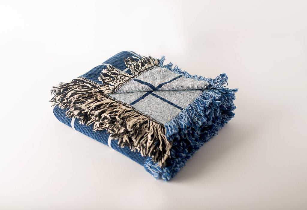 Greer Lapis Throw Blanket – Jacquard Woven Cotton, Made in USA | ESVILA