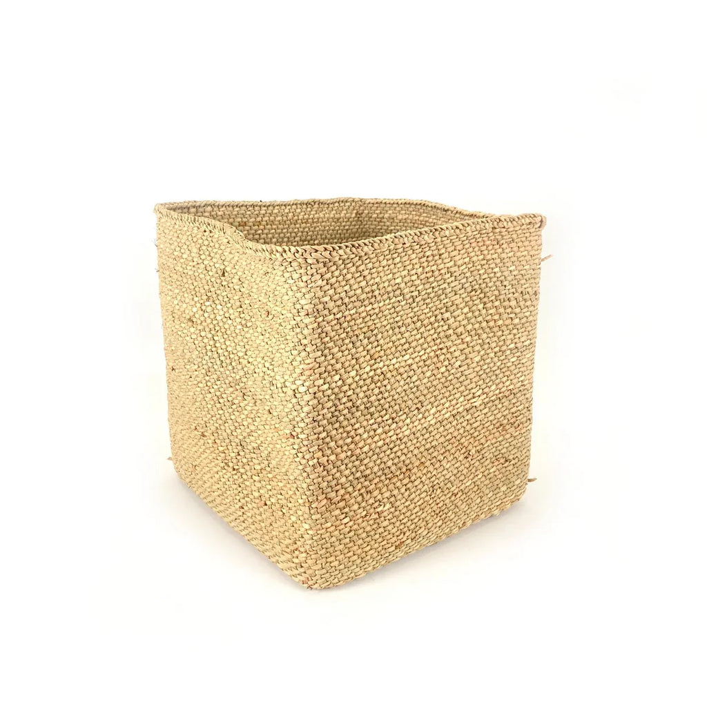 Handwoven square Iringa storage basket in natural milulu grass